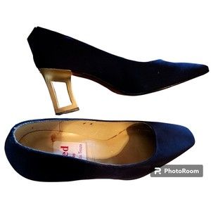 Vintage 80's Navy Pumps by Ramon Tenza RED Made in Spain Sz 8 Gold Cut Out Heel